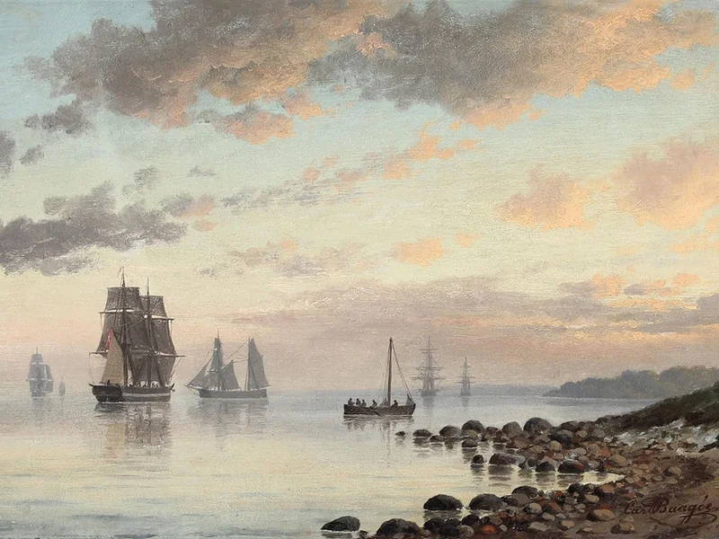 1829-Carl Baagøe - Marina con grandi velieri vicino alla costa in una giornata calma